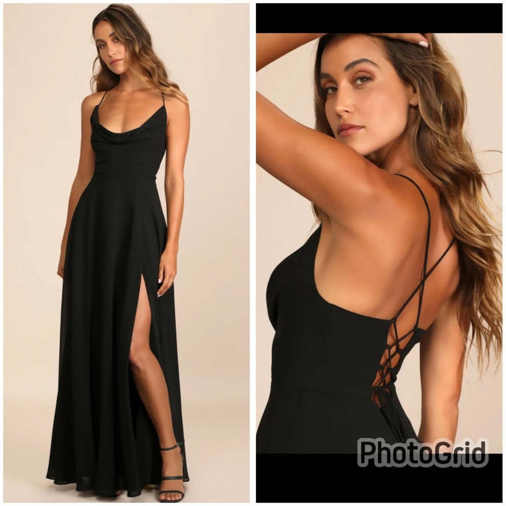 Lulus Romantically Speaking‎ Black Cowl Lace-Up Maxi Dress Size XL
